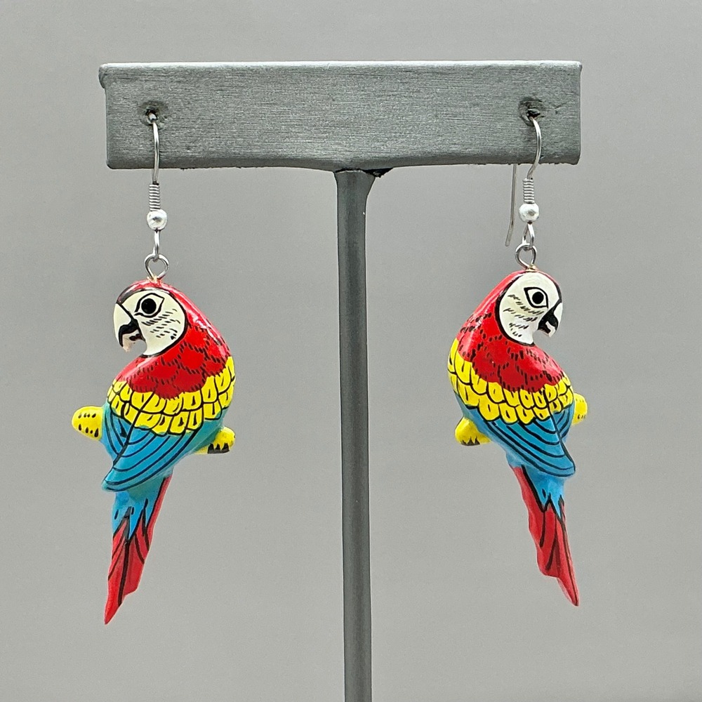 Parrot Earrings Women Multicolor Tropical Macaw Bird Hand Painted Dangle 2.5"
